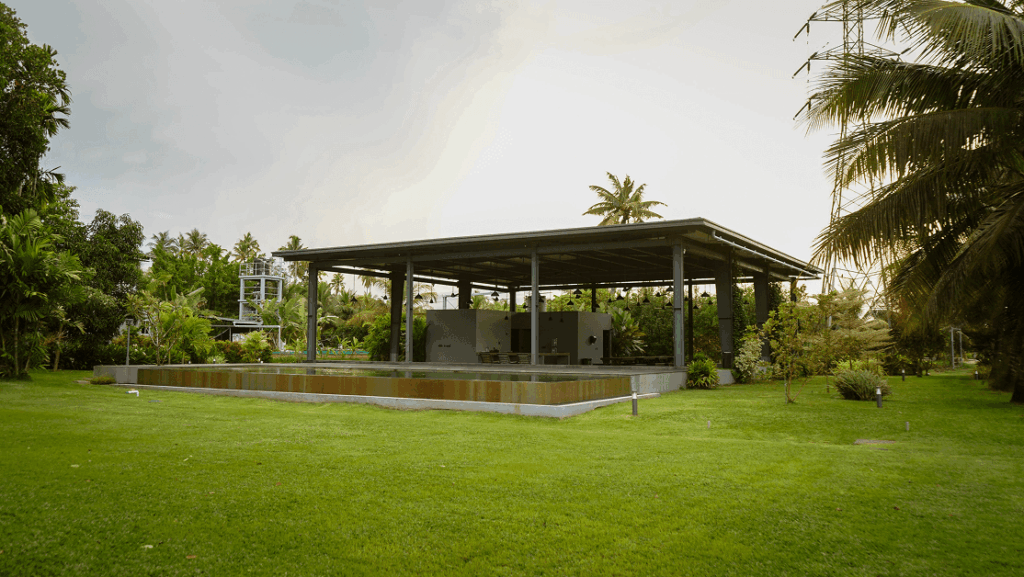 Open sided event pavilion on the lawn at Giby Farm