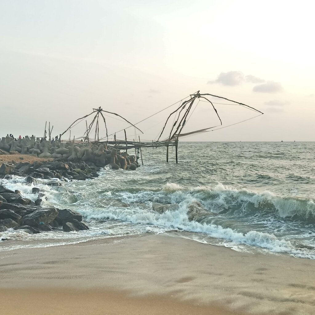 Chinese fishing nets on the shore at Azheekode beach near Giby Farm